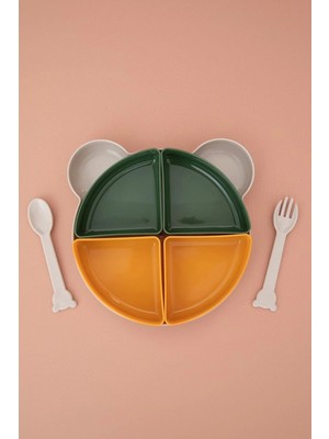 Shopwave Tabldot Mama Tabağı Çıkarılabilir Kaseli -Tepsili 4 Bölmeli Çatal Kaşıklı Ayıcı