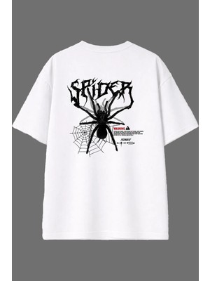 Vsrn Örümcek Tasarım Arka Baskılı Beyaz Oversize T Shirt