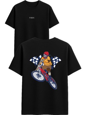 Vsrn Bisiklet Yarışı Tasarım Baskılı Siyah Oversize T Shirt