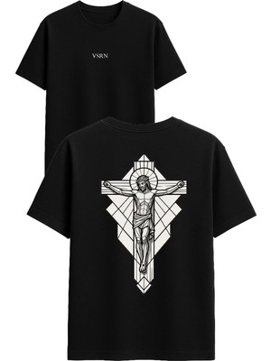 Vsrn Haç Işareti Tasarım Baskılı Siyah Oversize T Shirt