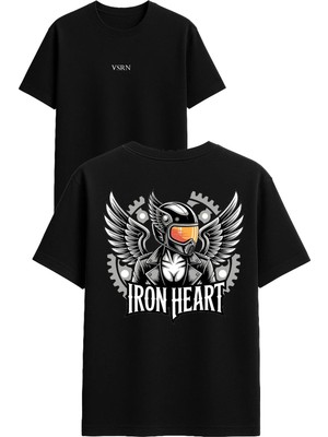 Vsrn Iron Heart Tasarım Baskılı Siyah Oversize T Shirt
