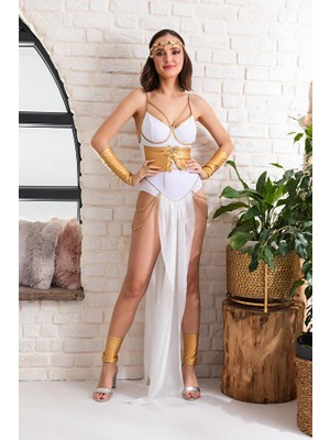 Fantezi Altın Varaklı Dansöz Kostümü Beyaz