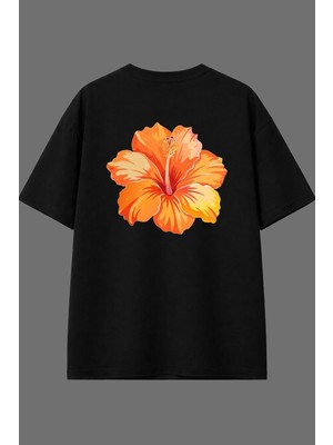 Vsrn Turuncu Lale Tasarım Arka Baskılı Siyah Oversize T Shirt