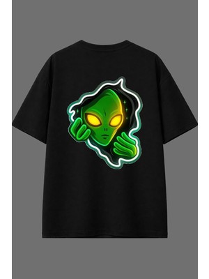 Vsrn Yeşil Uzaylı Tasarım Arka Baskılı Siyah Oversize T Shirt