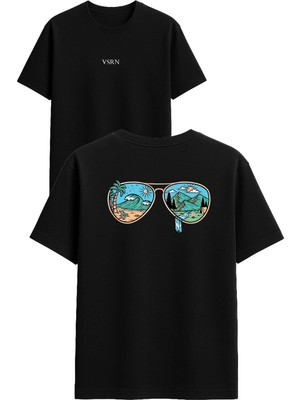 Vsrn Güneş Gözlüğü Tasarım Baskılı Siyah Oversize T Shirt