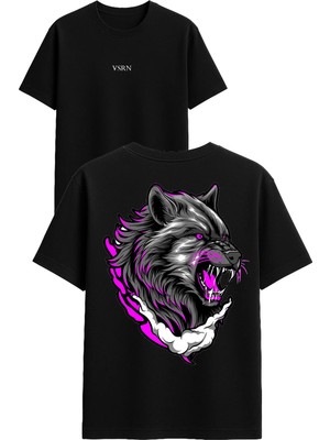 Vsrn Mor Kurt Tasarım Baskılı Siyah Oversize T Shirt