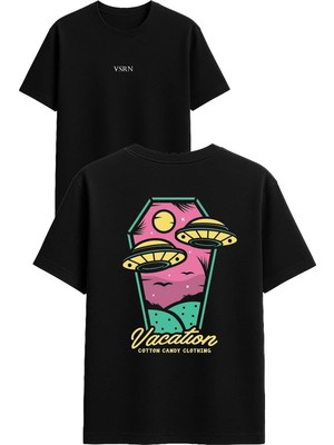 Vsrn Ufo Araçları Tasarım Baskılı Siyah Oversize T Shirt