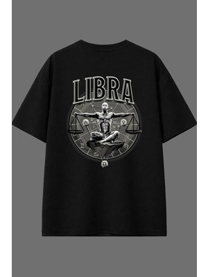 Vsrn Lıbra Burç Tasarım Arka Baskılı Siyah Oversize T Shirt
