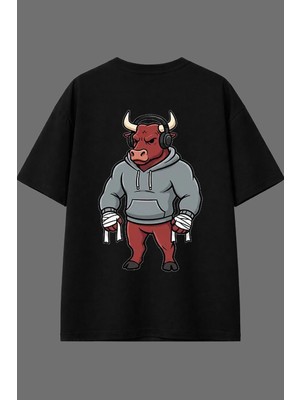 Vsrn Kızgın Boğa Tasarım Arka Baskılı Siyah Oversize T Shirt