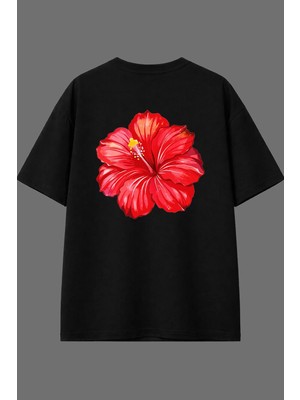 Vsrn Kırmızı Çiçek Tasarım Arka Baskılı Siyah Oversize T Shirt