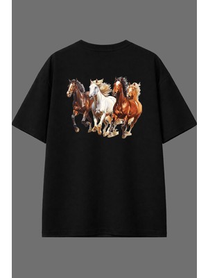 Vsrn Koşan Atlar Tasarım Arka Baskılı Siyah Oversize T Shirt