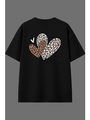Vsrn Love Leopat Tasarım Arka Baskılı Siyah Oversize T Shirt