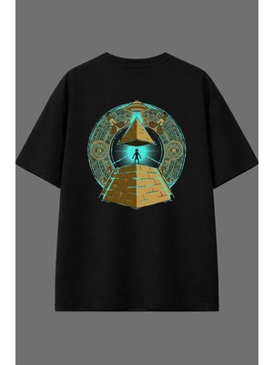 Vsrn Mısır ve Uzaylılar Tasarım Arka Baskılı Siyah Oversize T Shirt
