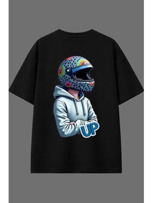 Vsrn Motorcu Up Tasarım Arka Baskılı Siyah Oversize T Shirt