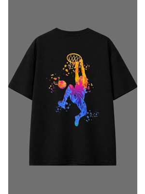 Vsrn Basketbolcu Tasarım Arka Baskılı Siyah Oversize T Shirt