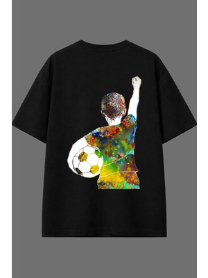 Vsrn Genç Futbolcu Tasarım Arka Baskılı Siyah Oversize T Shirt