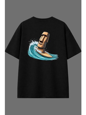 Vsrn Heykel Surfçü Tasarım Arka Baskılı Siyah Oversize T Shirt