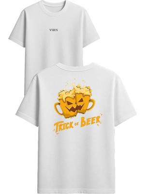 Vsrn Trıck Or Beer Tasarım Baskılı Beyaz Oversize T-Shirt
