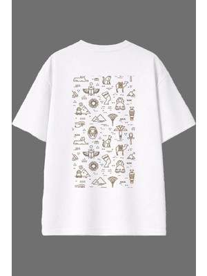 Vsrn Antik Desenler Tasarım Arka Baskılı Beyaz Oversize T Shirt
