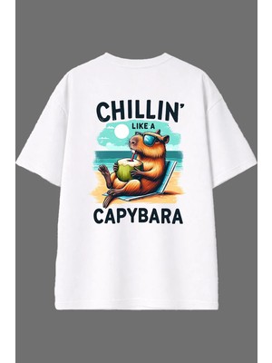 Vsrn Chıllın Capybara Tasarım Arka Baskılı Beyaz Oversize T Shirt