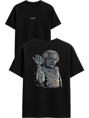 Vsrn Einstein Tasarım Baskılı Siyah Oversize T Shirt