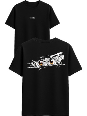 Vsrn Göz Anime Tasarım Baskılı Siyah Oversize T Shirt