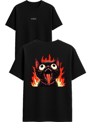 Vsrn Yanan Kedi Tasarım Baskılı Siyah Oversize T Shirt