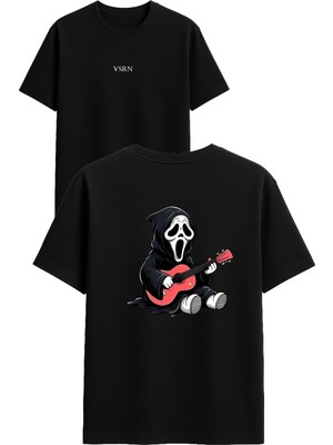 Vsrn Gitar Çalan Hayalet Tasarım Baskılı Siyah Oversize T Shirt