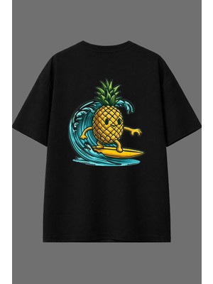 Vsrn Surfçü Ananas Tasarım Arka Baskılı Siyah Oversize T Shirt