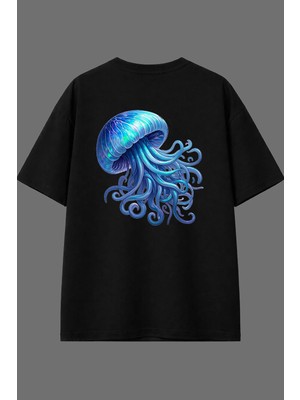 Vsrn Deniz Anası Tasarım Arka Baskılı Siyah Oversize T Shirt
