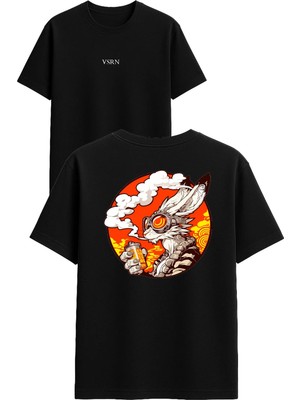 Vsrn Tavşan Gergin Tasarım Baskılı Siyah Oversize T Shirt