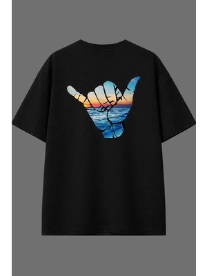 Vsrn Havalı El Hareketleri Tasarım Arka Baskılı Siyah Oversize T Shirt