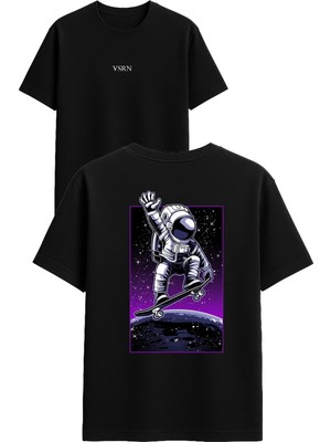 Vsrn Kaykaycı Astronot Tasarım Baskılı Siyah Oversize T Shirt