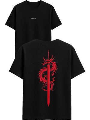 Vsrn Kırmızı Kılıç Tasarım Baskılı Siyah Oversize T Shirt