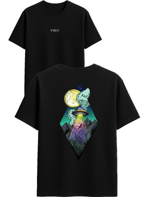 Vsrn Ufo Yanıyor Tasarım Baskılı Siyah Oversize T Shirt