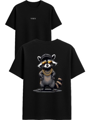 Vsrn Altın Zincirli Rakun Tasarım Baskılı Siyah Oversize T Shirt