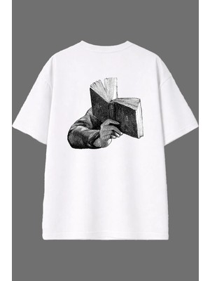 Vsrn Kitap Okuyan Adam Tasarım Arka Baskılı Beyaz Oversize T Shirt