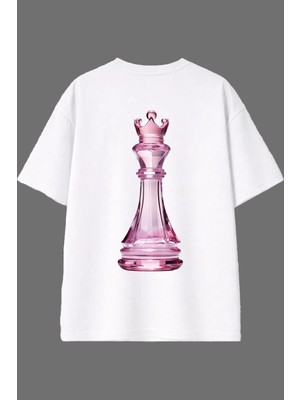 Vsrn Pembe Porselen Şah Tasarım Arka Baskılı Beyaz Oversize T Shirt