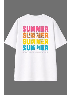 Vsrn Summer Summer Tasarım Arka Baskılı Beyaz Oversize T Shirt