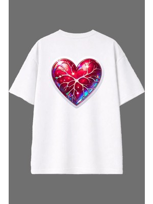 Vsrn Damarlı Kalp Tasarım Arka Baskılı Beyaz Oversize T Shirt
