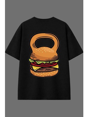 Vsrn Sporcu Hamburger Tasarım Arka Baskılı Siyah Oversize T Shirt