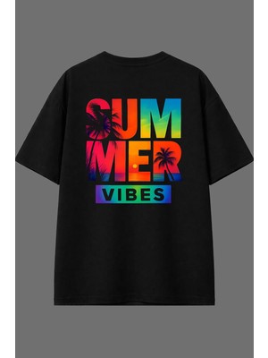 Vsrn Summer Vıbes Tasarım Arka Baskılı Siyah Oversize T Shirt