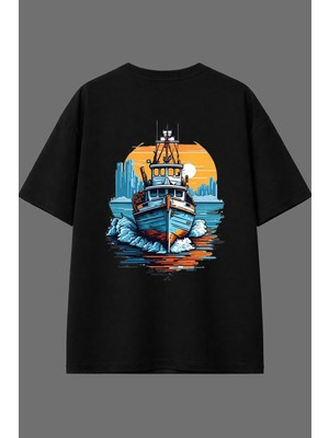 Vsrn Denizi Yaran Gemi Tasarım Arka Baskılı Siyah Oversize T Shirt