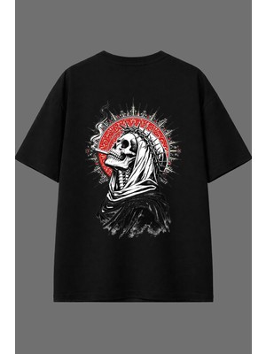 Vsrn Dertli Iskelet Tasarım Arka Baskılı Siyah Oversize T Shirt
