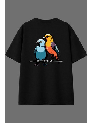 Vsrn Muhabbet Kuşları Tasarım Arka Baskılı Siyah Oversize T Shirt