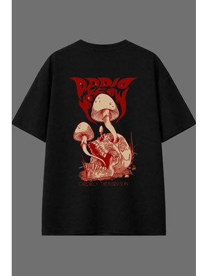 Vsrn Iskelet Mantar Tasarım Arka Baskılı Siyah Oversize T Shirt