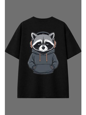 Vsrn Depresif Rakun Tasarım Arka Baskılı Siyah Oversize T Shirt