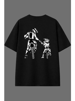 Vsrn Motorcu Kızı Tasarım Arka Baskılı Siyah Oversize T Shirt