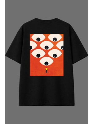 Vsrn Gözler Üstünde 1 Tasarım Arka Baskılı Siyah Oversize T Shirt