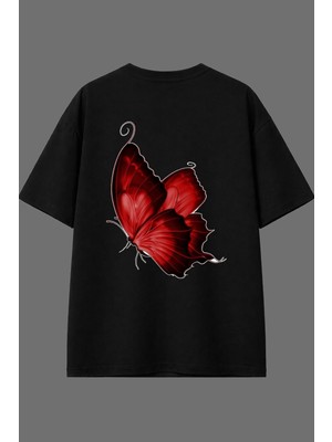 Vsrn Kırmızı Kelebek Tasarım Arka Baskılı Siyah Oversize T Shirt